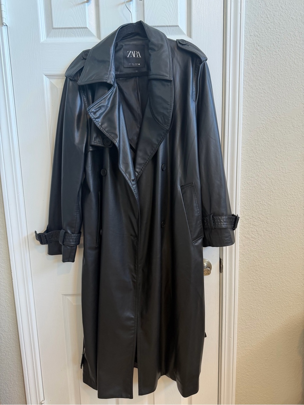 Zara Black Faux Leather Double-Breasted Trench Coat - Picture 10 of 10